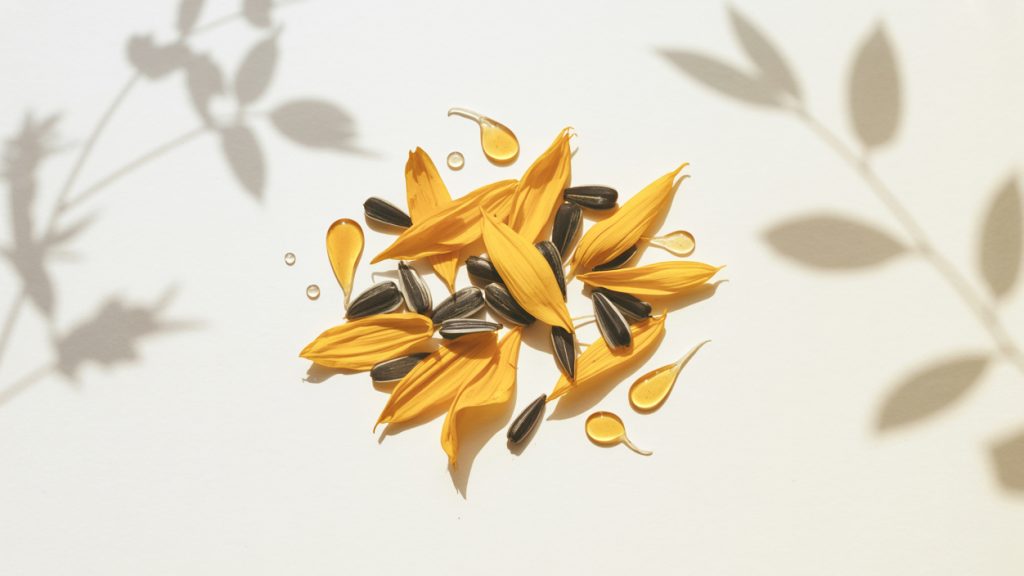 Ayçiçeği yaprakları ve doğal ayçiçeği yağı görünümü