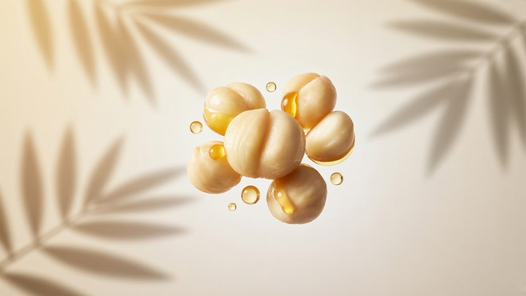 Macadamia fındıkları ve doğal macadamia yağı görünümü