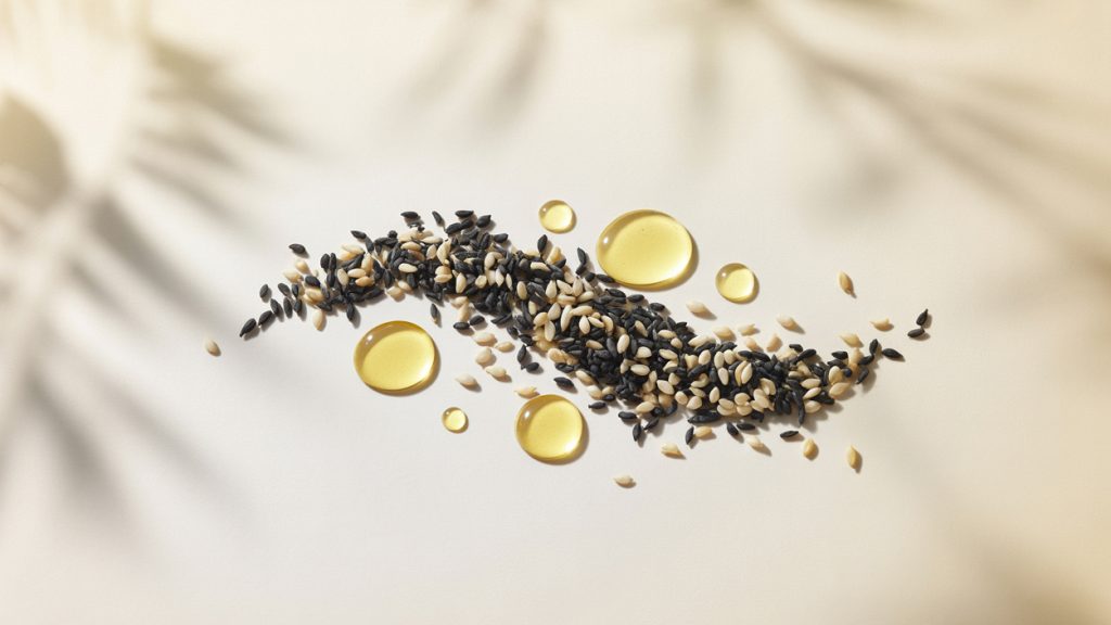 Susam taneleri ve doğal susam yağı görünümü